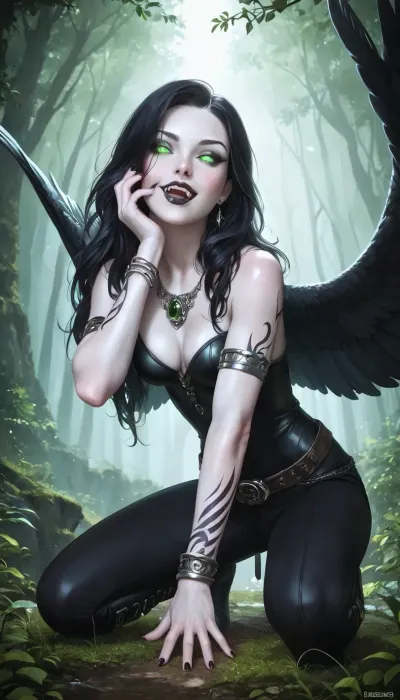 A tall, ethereal woman with long white hair containing black inner strands, white feathered wings on her head, black sclera with glowing white eyes, black lips, sharp fangs, and shifting skin that cracks to reveal a deep black layer beneath as observed from Picture 1, crouches on the forest floor, her digitigrade legs bent as she leans into the touch of the user. Her long, smooth white-scaled tail coils gently around the user's ankle. A young woman with long black hair, porcelain white skin adorned with mystical tattoos, and striking green eyes as observed from Picture 2, kneels before her, wearing elegant dark clothing. One of her hands firmly massages the white feathered head-wings of the ethereal woman, while her other hand rests gently against the other's cheek, her thumb stroking the unique cracking skin texture.

A faint, ethereal green aura shimmers around the user's hands, swirling with necromantic energy that intertwines with the cosmic presence of the woman from Picture 1. The ethereal woman's sharp fangs are positioned just inches from the user's thumb, her expression one of raw, undisguised fascination as she locks eyes with the user. The scene is set in a silent forest clearing, with tall, ancient trees and soft, mossy ground visible in the background.

Photorealistic drawing, indirect cinematic lighting, 32K resolution, intricate details, supreme render, octane engine, ambient occlusion, detailed skin texture, focused, realistic, complex render, perfect contrast. The lighting consists of soft, ambient forest light filtered through the canopy, catching the glow of the green necromantic energy and the white luminescence of the creature's eyes, creating a mystical and intimate atmosphere., <lora:Fantasy with epic details - XL SDXL v1.0:.8>