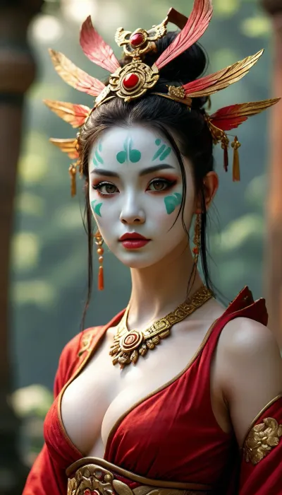 Full body image, (bare feet), (small feet), (cute toes), Atla, kyoshi warrior, suki, describe suki from avatar the last airbender when she is in full makeup. Full body image, large breasts, saggy breasts in skimpy bikini top, Suki’s full warrior makeup in Avatar, The Last Airbender transforms her into a striking, fearsome extension of the legendary Avatar Kyoshi. Her entire face is painted in stark white, creating a porcelain, mask-like canvas that completely conceals her skin tone and gives her a statue-esque, intimidating presence.Her eyes are dramatically framed by bold, sharp eye makeup. Thick black liner contours her lids, extending outward into dramatic wings. Painted over her eyelids and arches is a vivid, crescent-shaped swatch of deep red shadow that stretches up toward her temples, making her gaze appear piercing and fierce. Her lips are painted a matching crimson red, sharply defined to contrast against the white base.Framing this intense visage is a heavy golden headdress that secures her brown hair. The ornate crown features a prominent, fan-like centerpiece over her forehead, flanked by delicate gold tassels that drape down past her ears. Her makeup creates a powerful visual harmony with her traditional green silk armor and dark fabric bindings, emphasizing her role as the disciplined, elite leader of the Kyoshi Warriors. bubble butt, toned ass, big ass, plump butt, juicy ass, large sagging breasts, seductive smile, vibrant sunset, full body view 8k, HDR, UHD, ultra detailed, RAW photo, shot on NIKON'S D850, F/1.8, shallow depth of field, sharp focus on the subject, ultra-detailed micro features, highly detailed textures, realistic skin tones, vibrant colors, cinematic composition, maximum detail, hyper-realistic rendering, professional photo quality., <lora:MJ52:.2>