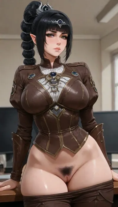 (Shadowheart from Baldur's_Gate_3:1.5), (Baldur's_Gate_3 art style:1.3), Acolyte outfits, slim body, giant breasts, (Completely clothed top), ((in office)), ((modern)), put down pant to expand pussy, extreme thick pubic hair