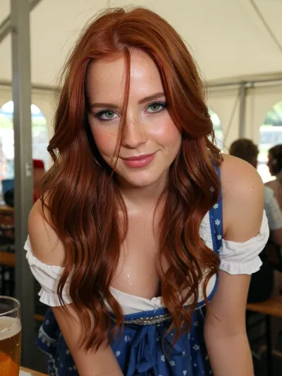 Beer tent interior scene, close-up, beautiful woman, beauty, cute, slim, deep green eyes, (long redhead hair, extremely long hair, wavy hair, tousled hair across face:1), (slight smile:1), freckles, realistic, detailed skin texture, moist skin, (blue and white Bavarian dirndl with short skirt:1.2), sleeves, detailed skin, pale skin