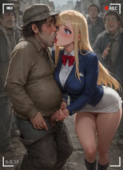 from side, Nsfw, enf, perfect face, holding penis, (hugging:1.3), (handjob:1.6), (French kissing:1.6), pussy, (fighting pose:1.3), masterpiece, (big eyes:1.3), (the girl is 18 Years old French girl dressed in no panties and white skirt and Navy blue blazer and white shirt and red bow tie and Black socks and red shoes and Silver ring bracelet), (nipple:1.2), medium breast, blue eyes, (blonde hair:1.3), (forehead:1.3), (swept bangs:1.4), long hair, (natural straight hair:1.3), blushing, (orgasm), (crying:1.4), French face, furrowed brow, (medium breast), walking, long shot, city street, (recording:1.2), (homeless man:1.6), (homeless oldmen crowd:1.4), (the girl is excessive kissing:1.5), grabbing penis, scared Up skirt, (the smiling homeless man is dressed suit:1.3), (homeless man is excessive forced kissing:1.3), (excessive deep throat:1.4)