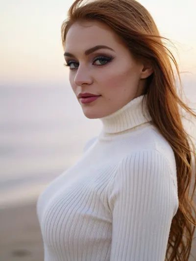 An intimate portrait of a beautiful woman with an ethereal, soft-focus aesthetic, defined by diffused light. She wears a snug luxurious ivory white turtleneck sweater flatteringly hugging her slender waist.

Long feathery eyelashes with thick winged eyeliner frame her deep green eyes.
Her dark smokey eye shadow matches the rich purple hues of the deep sunset.
Her soft lips are a dark matte plum. She has high sharp elegant cheekbones and flawless radiant skin.
Her long luxurious redhead hair blows softly in the wind. Red lipstick The scene is enveloped in a powerful but diffused golden-hour glow which creates a luminous light bloom on her skin, dissolving sharp edges in an ethereal haze. The background is a very blurred, dreamlike pastoral pastel lavender-gray coastal sky, soft and bright. Soft focus on her eyes.
The overall mood is an serene contemplation. Shallow depth of field, subtle film grain, light leaks, vintage analog lens. This is a high-key photograph.
The subject is anchored to the right side of the image, using the rule-of-thirds compositional technique.
The image captures extreme realistic details including sharp limbal rings and fine vellus hairs.