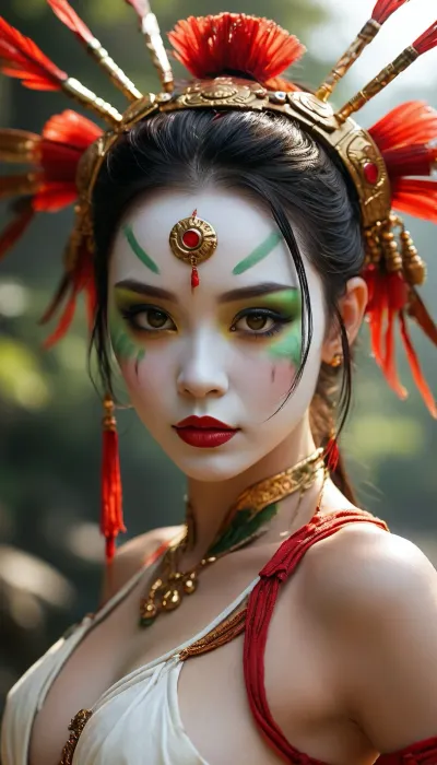 Full body image, (bare feet), Atla, kyoshi warrior, suki, describe suki from avatar the last airbender when she is in full makeup. Full body image, large breasts, saggy breasts in skimpy bikini top, Suki’s full warrior makeup in Avatar, The Last Airbender transforms her into a striking, fearsome extension of the legendary Avatar Kyoshi. Her entire face is painted in stark white, creating a porcelain, mask-like canvas that completely conceals her skin tone and gives her a statue-esque, intimidating presence.Her eyes are dramatically framed by bold, sharp eye makeup. Thick black liner contours her lids, extending outward into dramatic wings. Painted over her eyelids and arches is a vivid, crescent-shaped swatch of deep red shadow that stretches up toward her temples, making her gaze appear piercing and fierce. Her lips are painted a matching crimson red, sharply defined to contrast against the white base.Framing this intense visage is a heavy golden headdress that secures her brown hair. The ornate crown features a prominent, fan-like centerpiece over her forehead, flanked by delicate gold tassels that drape down past her ears. Her makeup creates a powerful visual harmony with her traditional green silk armor and dark fabric bindings, emphasizing her role as the disciplined, elite leader of the Kyoshi Warriors. bubble butt, toned ass, big ass, plump butt, juicy ass, large sagging breasts, seductive smile, vibrant sunset, full body view 8k, HDR, UHD, ultra detailed, RAW photo, shot on NIKON'S D850, F/1.8, shallow depth of field, sharp focus on the subject, ultra-detailed micro features, highly detailed textures, realistic skin tones, vibrant colors, cinematic composition, maximum detail, hyper-realistic rendering, professional photo quality., <lora:MJ52:.2>