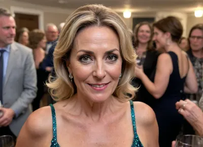 photorealistic, candid photo, taken with an iPhone15 Pro, of a 50-year-old MILF at a party having fun and flashing some of the guests