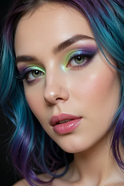 An close-up beauty portrait of a young woman focusing sharply on her eyes and makeup She has multi-tonal dyed hair blending electric cyan, deep purple, and vivid blue. Her pride makeup features iridescent satin eyeshadow with bright lime-green and aqua shimmer on the inner mobile lids, blended out into a vibrant violet-magenta cut-crease and soft lower-lash smoked liner. Her eyes have bright, detailed hazel-green irises with crisp limbal rings and delicate wispy upper lashes. She wears smooth metallic fuchsia lipstick and subtle cheek highlight. She has delicate hyper-feminine facial features and an elegant neckline.. Clean studio portrait lighting, high micro-contrast, 85mm lens, shallow depth of field with soft dark background.