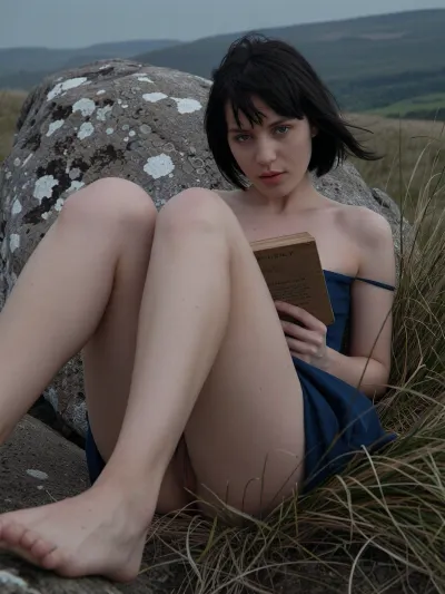 Close-up of A 30ish woman reclining against a large lichen-covered granite boulder on a windswept grassy hillside, reading a small old book, legs stretched out and crossed, bare feet, calm direct gaze towards camera., (she has a short black bob and wind-blown fringe, wearing a navy blue slip dress), hugging her knee. Tall wild grass around her, flat overcast daylight, muted cool grey and navy tones, cinematic editorial photography, 35mm film look, moody and atmospheric, shallow depth of field, deep shadows