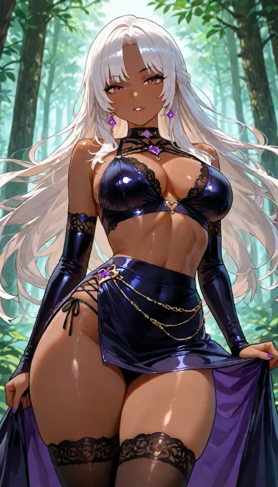 25 year old dark skinned Filipina wife beautiful gorgeous ready for sex, ((dynamic pose portrait)), petite athletic toned firm body, purple goth badass witch, ethereal forest whimsy aesthetic, short nano skirt, goth lace and satin, ((futa)), <lora:add-detail-xl:1.2>, <lora:attractive_notrigger:1.2>, <lora:detailed_notrigger:1.2>, <lora:LCMTurboMix_Euler_A_fix:1.2>