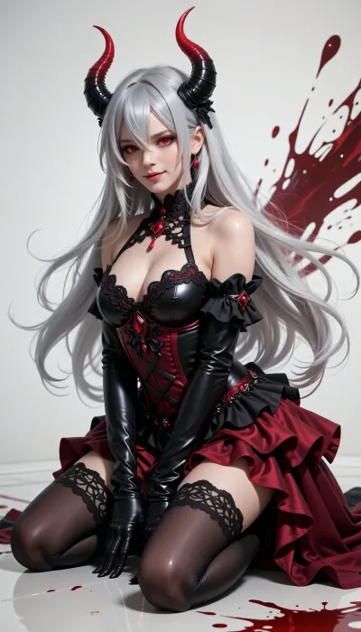 A highly detailed fantasy portrait of a seductive demon woman kneeling on the floor in a dramatic three-quarter pose. She has very long, flowing silver-white hair cascading around her body, with delicate individual strands sweeping through the air. Two large curved black horns with deep crimson highlights grow from the sides of her head, the horns are ridged, sharp, and slightly twisted. Her pale skin contrasts strongly with her vivid glowing crimson-red eyes, which have a confident, alluring, slightly menacing expression. She is looking directly at the viewer with a subtle, knowing smile.
She wears an elaborate gothic vampire-inspired dress in black, burgundy, and deep crimson. The outfit includes a dark lace choker and ornate black-red chest detailing, a fitted corset bodice, long glossy opera gloves, and a voluminous layered skirt with ruffled trim. The fabric should appear luxurious and reflective, combining satin, velvet, leather, and intricate lace. Add delicate gothic patterns, decorative straps, ornamental embroidery, and small crimson gemstone accents. The costume should feel elegant, theatrical, dark-fantasy, and richly detailed.
The character is kneeling with one leg forward and the other bent beneath her. Her arms rest naturally in front of her, with elegant gloved hands placed near the floor. Emphasize the graceful silhouette, flowing hair, dramatic skirt movement, and the contrast between her pale body, silver hair, black accessories, and intense red clothing. Keep the pose dynamic and visually balanced rather than static.
Use a mostly white or very light background with dramatic splashes and streaks of deep red paint or stylized blood-like abstract shapes behind and beneath the character. The red splashes should enhance the composition without obscuring the character. Include subtle reflections and red stains on the glossy floor. Create strong rim lighting around the hair and horns, soft frontal illumination on the face and upper body, and deep crimson reflected light on the dress and lower half of the scene. Use high contrast, polished highlights, soft shadows, and cinematic lighting.
Composition, vertical portrait, full-body character, centered framing, slightly low camera angle, three-quarter view, dynamic diagonal flow from the horns and hair toward the sweeping skirt, detailed face and costume, clean silhouette, sharp focus on the eyes and upper body, high-resolution fantasy character illustration, refined anime rendering, intricate linework, smooth shading, dramatic gothic atmosphere, elegant but dangerous mood.