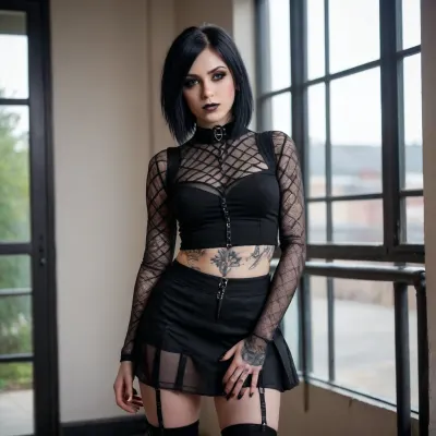 Goth girl. 22years old. Emo cut black hair. Black Large firm tits with prominent dark nipples. See through long sleeve mesh shirt. Bare midriff. Short black skirt. Tattoos. Bondage collar. Prominent nose piercing. Black boots.