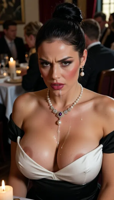 (An cute gorgeous 40yo bimbo trophy wife completely disgusted by faciql cumshot sitting in a crowded restaurant:2), black hair in a bun, (gigantic high round broad tits filling a white satin lined black off-shoulder evening dress:.001), (long elaborate pearl jewelry drawing attention to neckline:.012), professional makeup with thick foundation, rouge on cheeks, smokey eye, plump dark red glossy lips, blushed, flushed, high cheekbone, ultrafeminine angular face, large chin, long thin aquiline nose, (eye contact), ---
She's not angry, she's disappointed., (((Thick but liquid cum dripping of her face))), .
---, (very close view from slightly above), ---
low light, candlelight, cinematic chiaroscuro masterpiece, soft shadows, UHD, 8k, RAW, insane details, focus on face, shallow depth of field