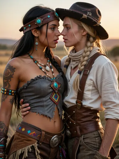 Masterpiece photorealistic cinematic historical romance, late 16th century North American frontier, two young women, both 18 years old, reunited in an overwhelming moment of first love, caught in a spontaneous dynamic embrace, bodies close, arms wrapped around each other, faces only centimeters apart, open eyes locked intensely together, radiant relief, longing and reunion joy, a beautiful Native American young woman, 18 years old, athletic, warm dark skin, deep dark eyes, full lips, long straight black hair, wearing a heavily used weathered leather headband across her forehead, handmade from dark aged hide and richly set with irregular turquoise stones, small beads and hand stitched ornamentation, long hair decorated with additional turquoise, bone, shell and colored beads, intricate tattoos across her arms and shoulders, her clothing made entirely from leather and suede, no modern fabrics, a striking short fitted gray suede top exposing her athletic midriff, constructed from overlapping hand cut leather panels, narrow leather straps, raw irregular edges, leather lacing, small fringes, colorful hand embroidered geometric patterns made from vivid threads, turquoise beadwork and tiny aged metal ornaments, fitted brown buckskin leather trousers, visibly handmade and weathered, decorated along the seams with fringes, colorful thread embroidery and subtle beadwork, broad worn leather belt carrying engraved silver coin ornaments and handcrafted metal appliqués, everything dusty, softened, scratched and genuinely used, beside her the blonde frontier woman, fair freckled skin, vivid blue eyes, exceptionally thick blonde braids, battered dark brown wide brimmed frontier hat with scratched leather band and small ornaments, faded neckerchief, coarse off white hand sewn cotton shirt with horn buttons, upper buttons casually open, rough leather suspenders, heavy period trousers and worn leather boots, primitive stitching, repaired seams, frayed edges and dust, their weathered hands gripping each other with emotion, the entire scene drowned in extraordinarily deep molten gold and burnt orange late afternoon sunlight, blazing low sun behind them, spectacular fiery rim light surrounding hair, shoulders and profiles, thick prairie dust suspended everywhere like glowing golden particles, wind lifting hair, leather fringes, scarf and dust, long dramatic shadows, distant horse and wilderness disappearing into amber haze, powerful volumetric backlight, deep rich shadows, intense warm contrast, razor sharp eyes, skin pores, freckles, suede grain, stitching, beads, turquoise and worn leather, cinematic full frame 85 mm photography, shallow depth of field, subtle analog grain, raw historical texture, monumental golden atmosphere, profound tenderness, longing and first love