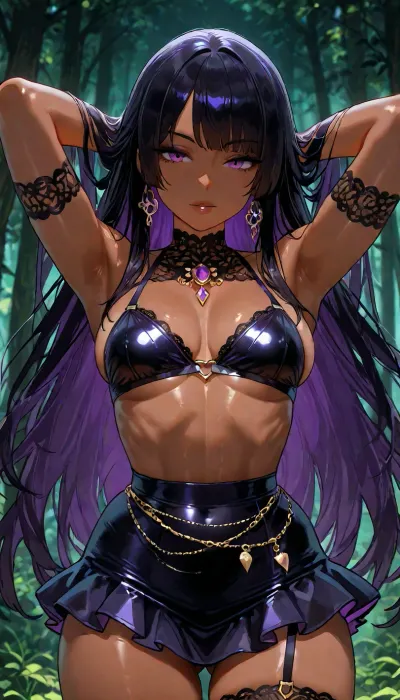 25 year old dark skinned Filipina wife beautiful gorgeous ready for sex, ((dynamic pose portrait)), petite athletic toned firm body, purple goth badass witch, ethereal forest whimsy aesthetic, short nano skirt, goth lace and satin, ((futa)), <lora:add-detail-xl:1.2>, <lora:attractive_notrigger:1.2>, <lora:detailed_notrigger:1.2>, <lora:LCMTurboMix_Euler_A_fix:1.2>