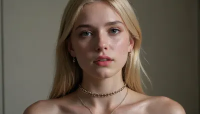 Uber realistic, perfect illumination, (best shadow), 8K, UHD, sharp image, (best illumination), best quality, ultra-detailed, fine detail, highres, 8k wallpaper, masterpiece, high definition, pale young slim 18 year old blonde girl with a choker on her neck and a chain attached to it like a slave