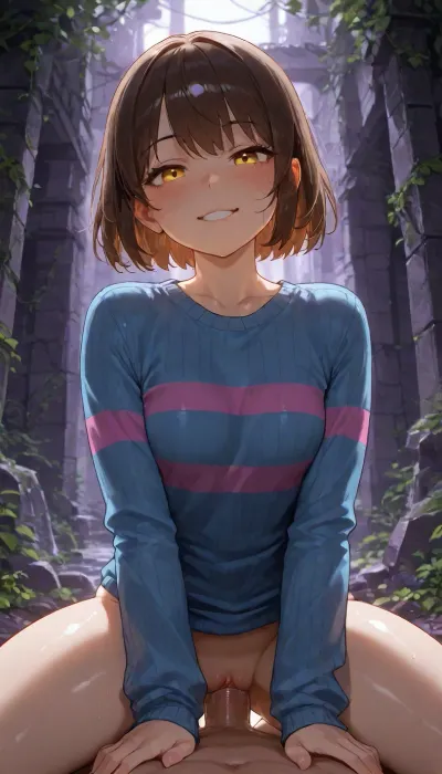Frisk from undertale, ((frisk's face stoic expression)), Frisk have a yellow eyes, (her eyes are glowing in gold yellow), (Frisk's sweater), ((Frisk's long-sleeve light blue sweater with two magenta stripes)), 20 years old, big ass, beatiful body, nude from the bottom, (vagina), (shaved pussy), completely nude male anon, penis, big penis, (shaved penis), Male anon POV, Male anon is lying, frisk is sitting on top of male anon, front view, in a undertale ruins, (very detailed undertale Ruins), ((Undertale ruins depicted as a ruins that are constructed from purple bricks stone)), green vines in the background, small water streams in the background, she is looking at viewer, smiling, masterpiece, professional image, very detailed image, 4K image
