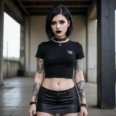 Goth girl. 22years old. Emo cut black hair. Black lipstick. Black Tshirt. Perky tits with hard nipples showing through shirt. Short black skirt. Tattoos. Bondage collar. Nose piercing. Black boots.