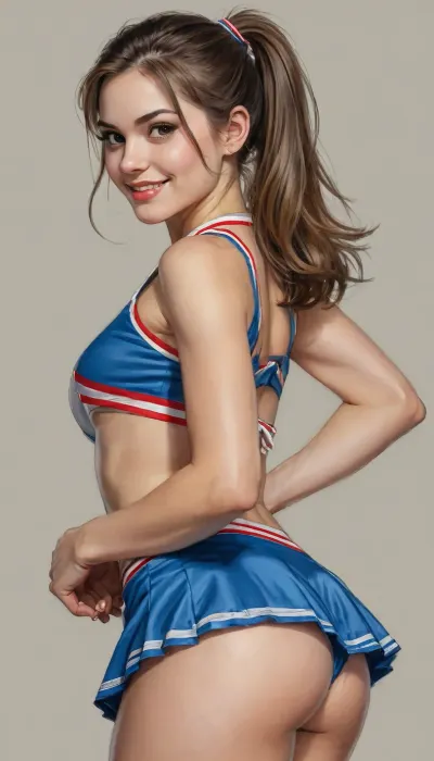score_9, score_8_up, score_7_up, ((detailed pencil drawing with clean lines and meticulous shading, sketch of a stunning cheerleader standing and leaning forward)), slender body, colorful cheerleader outfit, visible lace thong on the side, dark hair in a ponytail, large natural breasts, 20 years old, lovely cleavage, smiling, model-like face, full lips, long eyelashes, soft features, ((drawing with delicate shading and intricate details, capturing the subject's essence through fine pencil strokes)), ((simple background, focusing attention on the portrait itself)), drawing by NTY, v0ng44g, sk3tch, .8>, ratatatat74, <lora:sketch_it:1.3>, <lora:ratatatat74-000050:.8>