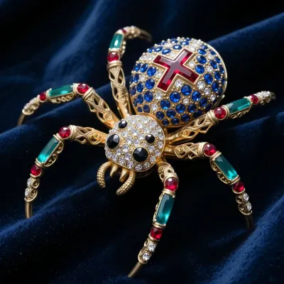 Luxury jeweled spider brooch resting on dark navy blue velvet with soft deep folds. Natural spider proportions, small cephalothorax at the front, much larger oval abdomen at the rear, eight legs attached only to the front section. The small front cephalothorax is completely pavé-set with tiny emeralds and has, (eight black diamond), eyes in two rows, the two front eyes slightly larger. No human face. The large rear abdomen is completely pavé-set with sapphires and bears a ruby cross framed by small white diamonds. Gold and metallic emerald-teal enamel legs with ruby-red gem segments. Intricate engraved gold settings, high jewelry, photoreal studio lighting, no text, no letters, no arrows, no labels