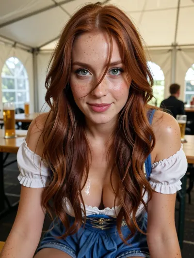 Beer tent interior scene, close-up, beautiful woman, beauty, cute, slim, deep green eyes, (long redhead hair, extremely long hair, wavy hair, tousled hair across face:1), (slight smile:1), freckles, realistic, detailed skin texture, moist skin, (blue and white Bavarian dirndl with short skirt:1.2), sleeves, detailed skin, pale skin