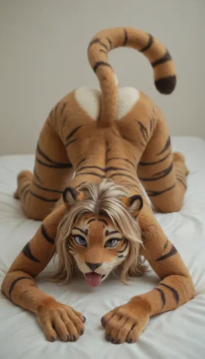masterpiece, best quality, absurdres, extremely detailed, 2d, source anime, slim, rounded body, feline girl, colored pelt, purple eyes, long hair, pelt, tiger hair, tail, saggy breasts, nude, pussy juice, fit thighs, pussyfoot, (licking gesture), bottom up, blushed, aroused, on all fours, showing butt, furry body, fursuit, 1man, doggy, fuck her, seen from side, score_9, score_8_up, score_7_up, azoomer, FLTKL4, Girl, Furry, <lora:FursuitXL:1.6>, <lora:Azoomer SDXL V1:.5>, <lora:FloraXL-V2:.8>