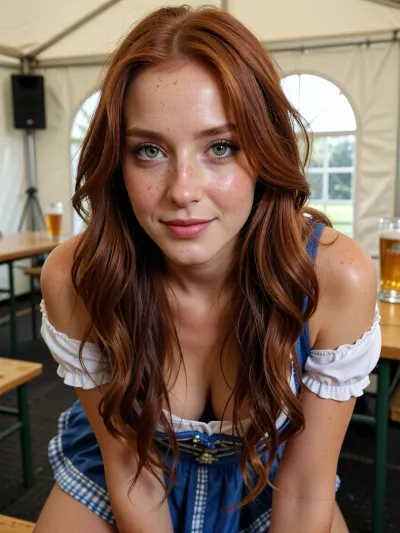 Beer tent interior scene, close-up, beautiful woman, beauty, cute, slim, deep green eyes, (long redhead hair, extremely long hair, wavy hair, tousled hair across face:1), (slight smile:1), freckles, realistic, detailed skin texture, moist skin, (blue and white Bavarian dirndl with short skirt:1.2), sleeves, detailed skin, pale skin