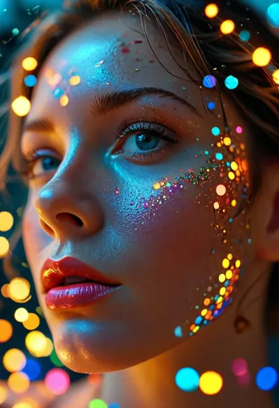 [KTA], (smooth rendering and vibrant colors:1), artistic, low angle, side view, 40 yo, striking mature belle female, voronoi skin, voronoi, blacklight background, aesthetic, professional, detailed, illustrated, natural beauty, glitter bombs bokeh, glitter and lens flares, astral projection, futuristic sparkles, shimmer glisten, maximum aperture, /KlTTY-ART/, <lora:COMFYUI_mimic_landscape_-_XL_SDXL v2.0:.1>, <lora:attractive_notrigger:.1>, <lora:MJ52:.1>