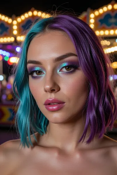 A crisp beauty headshot of a young woman at a nighttime carnival, framed from the shoulders up. Her hair is dyed in vivid sections of turquoise, violet, and electric magenta. Her makeup is bold and prismatic, featuring iridescent metallic eyeshadow in shimmering green, bright aqua, and deep purple across the lids, paired with fuchsia metallic-finish lipstick and softly sculpted brows. In the background, blurred carnival rides and warm neon string lights create a colorful, luminous night bokeh. Commercial fashion beauty photography, sharp eye catchlights, soft rim lighting.
