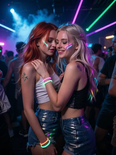Ultra detailed depiction, professional photograph, realistic, perfect composition of lights, clear focus.
Two girlfriends sharing a joyful, electric moment together in the middle of a rave party.
A striking young woman stands close behind and slightly to the side of her friend, her head leaning in close behind her friend's ear, her face partly hidden by her friend's hair. 1redhead, 1platinium blonde.
Her friend tilts her head back slightly, caught in an amused, knowing laugh, eyes softly closed, a warm genuine smile on her lips.
Their hands rest gently on each other, hands on shoulder and hip, both relaxed and affectionate.
Both women have soft curved lines of glowing neon face paint across their cheeks and temples, catching the surrounding lights, along with small delicate tattoos visible on their shoulders and arms.
They have long, wild, tousled hair with a few colorful streaks catching the neon light.
They wear sleeveless crop tops and high-waisted shorts in bright reflective fabric, small glow bracelets stacked on both wrists.
Around them, a dense crowd of dancers is blurred in motion, illuminated by sweeping colorful stage lights in electric blue, magenta, and green.
Beams of laser light cut through a light haze of stage smoke drifting through the air.
The lighting is dramatic and colorful, strong contrasts between deep shadow and vivid glowing neon light across their faces and skin.
Shallow depth of field, the crowd and lights softly blurred behind them, sharp focus on both faces.