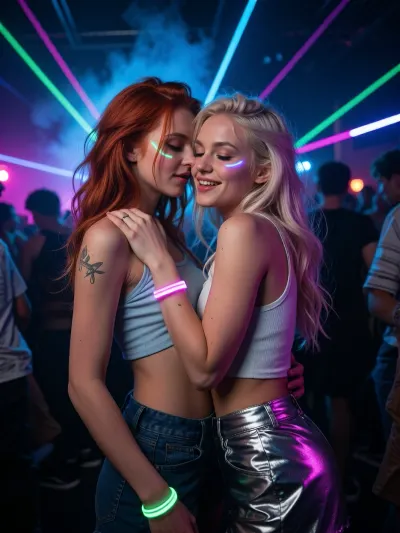 Ultra detailed depiction, professional photograph, realistic, perfect composition of lights, clear focus.
Two girlfriends sharing a joyful, electric moment together in the middle of a rave party.
A striking young woman stands close behind and slightly to the side of her friend, her head leaning in close behind her friend's ear, her face partly hidden by her friend's hair. 1redhead, 1platinium blonde.
Her friend tilts her head back slightly, caught in an amused, knowing laugh, eyes softly closed, a warm genuine smile on her lips.
Their hands rest gently on each other, hands on shoulder and hip, both relaxed and affectionate.
Both women have soft curved lines of glowing neon face paint across their cheeks and temples, catching the surrounding lights, along with small delicate tattoos visible on their shoulders and arms.
They have long, wild, tousled hair with a few colorful streaks catching the neon light.
They wear sleeveless crop tops and high-waisted shorts in bright reflective fabric, small glow bracelets stacked on both wrists.
Around them, a dense crowd of dancers is blurred in motion, illuminated by sweeping colorful stage lights in electric blue, magenta, and green.
Beams of laser light cut through a light haze of stage smoke drifting through the air.
The lighting is dramatic and colorful, strong contrasts between deep shadow and vivid glowing neon light across their faces and skin.
Shallow depth of field, the crowd and lights softly blurred behind them, sharp focus on both faces.