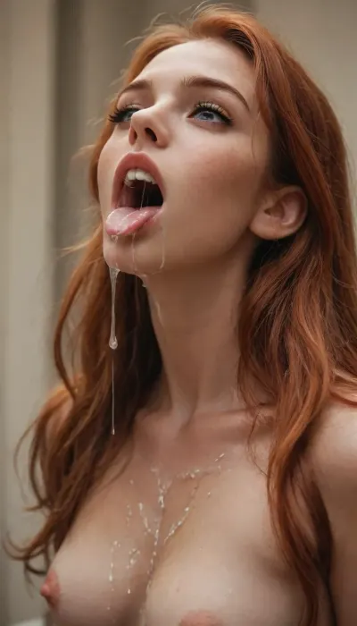 Woman, cute, gorgeous, beautiful, stunning, redhead, long hair, panting, (saliva drooling, thick saliva, saliva strands, dripping saliva, saliva on chest, saliva on boobs:1.4), close view