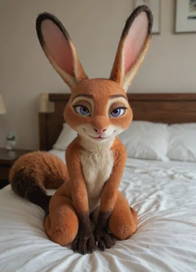 (Furry, fox-rabbit hybrid from "Zootopia":1.7), ((Disney)), one eye is green, and the other is purple, solo, bedroom.