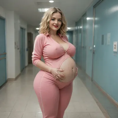 short girl, pale skin tone, big breasts, huge pregnant belly, enormous ass, (fat ass), long blonde wavy hair, blue eyes, belly button piercing, wearing a pink tracksuit, thick thighs, red lipstick, standing outside a hospital, smiling
