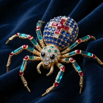 Luxury jeweled spider brooch resting on dark navy blue velvet with soft deep folds. Natural spider proportions, small cephalothorax at the front, much larger oval abdomen at the rear, eight legs attached only to the front section. The small front cephalothorax is completely pavé-set with tiny emeralds and has, (eight black diamond:1.4), eyes in two rows, the two front eyes slightly larger. No human face. The large rear abdomen is completely pavé-set with sapphires and bears a ruby cross framed by small white diamonds. Gold and metallic emerald-teal enamel legs with ruby-red gem segments. Intricate engraved gold settings, high jewelry, photoreal studio lighting, no text, no letters, no arrows, no labels, (small front cephalothorax:1.4), (large rear abdomen:1.5), (cross only on the abdomen:1.4), (eight eyes on the head only:1.3)
