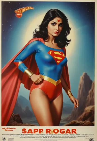 Movie poster for a 1960s SciFi movie version of the supergirl, sexy desi superhero, Indian, Pakistani, cleavage, sexy legs, huge breasts, toned ass, toned legs, black hair, <lora:MJ52:.8>