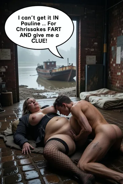 Caravaggio chiaroscuro lighting, cinematic masterpiece, hyper-realistic 8k UHD, highly detailed, sharp focus, close-up, a gritty riverside warehouse on the Thames at low tide, old damp red brick walls, wet glistening cobblestones, thick oppressive fog, backdrop of fog-bound mud and beached rusted barges, open warehouse doors, a dirty stained mattress lying in the doorway, Pauline a morbidly obese homeless woman with an enormous fat body and massive sagging breasts lying on her back, wearing a faded black basque and torn laddered fishnet stockings, thick meaty thighs, a skinny 30-year-old man in a dirty undershirt positioned between her thighs trying to fuck her in the missionary position, man's backside pressing into her crotch, her rolls of fat swallowing his posterior, man struggling and straining, pussy completely obscured by the man's body, muted earthy tones, deep shadows, dramatic high contrast, raw urban decay, atmospheric gloom, a large speech bubble pointing to the man saying "I can’t get it IN Pauline .. For Chrissakes FART and give me a CLUE !" In clear legible font.
