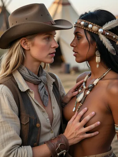 Photorealistic Wild West scene, intimate but calm moment between two women, medium close-up including upper bodies, cinematic natural lighting, shallow depth of field. A blonde, sun-kissed gunslinger and a dark skinned Indigenous American woman face each other in quiet connection, visible cozy fingertip strokes as she gently touches across her friend’s skin. The gunslinger has light skin, sun-tanned, Intense gaze, clear eyes, trusting and peaceful expression. She wears a weathered cowboy hat, a loosely tied neckerchief, a rough linen shirt with a few buttons open, and a worn vest, classic frontier clothing with realistic fabric texture. Her posture is relaxed and open. Opposite her stands the Indigenous woman with dark, rich skin tones, calm focused gaze. She wears a traditional headdress made of natural beads of varying sizes, real pearls, feathers, and a necklace crafted from bone beads, shells, and natural materials. Every element feels handcrafted and authentic. They gaze deeply and intensely into each other's eyes, The background is softly blurred, revealing tipis and the quiet life of a Native American village. Warm earth tones, gentle wind, dust in the air. The entire image radiates stillness, respect, and cultural contrast. Ultra-high resolution, photorealism, realistic skin pores, flawless hands and fingers, natural color grading, no modern elements, Ensure no flaws in the hands and fingers, and create a scene full of authenticity and connection, (maximum detail), (super realistic photo:1.4), licking pussy