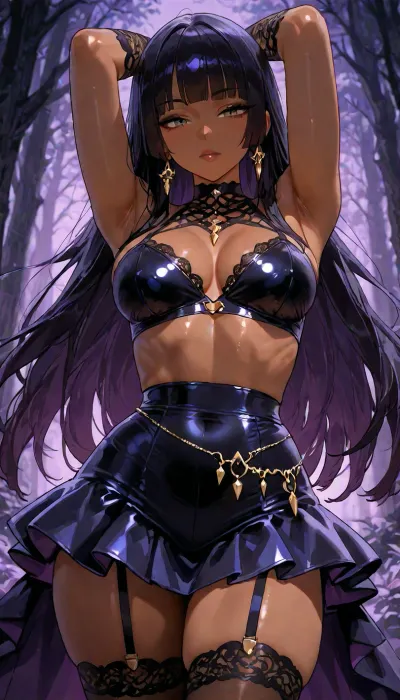 25 year old dark skinned Filipina wife beautiful gorgeous ready for sex, ((dynamic pose portrait)), petite athletic toned firm body, purple goth badass witch, ethereal forest whimsy aesthetic, short nano skirt, goth lace and satin, ((futa)), <lora:add-detail-xl:1.2>, <lora:attractive_notrigger:1.2>, <lora:detailed_notrigger:1.2>, <lora:LCMTurboMix_Euler_A_fix:1.2>