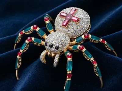 Luxury jeweled spider brooch resting on dark navy blue velvet with soft deep folds. Natural spider proportions, small cephalothorax at the front, much larger oval abdomen at the rear, eight legs attached only to the front section. The small front cephalothorax is completely pavé-set with tiny emeralds and has eight black diamond eyes in two rows, the two front eyes slightly larger. No human face. The large rear abdomen is completely pavé-set with sapphires and bears a ruby cross framed by small white diamonds. Gold and metallic emerald-teal enamel legs with ruby-red gem segments. Intricate engraved gold settings, high jewelry, photoreal studio lighting, no text, no letters, no arrows, no labels