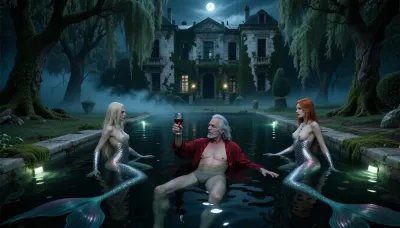 Fantasy setting, high end cinematic CGI render with subtle imperfections and saturated dark green tones, masterpiece photorealistic dark fantasy scene, extremely dark low ke, wide angle elevated top down viewpoint, an ancient rectangular stone swimming pool at night in the neglected garden of a grand abandoned villa, the large ivy covered villa rises clearly in the background with weathered stone walls, tall dark windows, old balconies and architectural details disappearing beneath dense ivy, moss and climbing vines, enormous weeping willows surround the garden, their moss covered branches hanging toward the water, dense bluish silver fog drifts between the villa, trees and pool and forms low layers directly above the water, pale moonlight breaks through the mist and reflects like liquid silver across the almost black surface, faint aged underwater pool lights flicker irregularly from below in muted blue green tones, creating mysterious caustics beneath the surface, extremely low key exposure, deep saturated blacks, intense local contrast, an extremely thin old man, 80 years old, relaxes deep inside the pool, his head and shoulders emerging above the surface while his chest, stomach, hips, legs and feet remain clearly submerged beneath him and visible through the transparent dark water, his submerged body distorted by realistic refraction, silver reflections and moving caustic patterns, he wears a worn dark red morning robe completely soaked and floating loosely underwater around his body with faded gray swimming shorts beneath it, long disheveled gray hair, deeply lined face, hollow cheeks, long narrow nose, pleasantly drunk dreamy expression, he raises a glass of red wine above the water in an imaginary toast toward the moon, two extraordinarily beautiful adult mermaids, 26 years old and 28 years old, approach him silently through the water from different directions, one blonde and one redheaded, unmistakably mythical aquatic beings with natural human faces and skin transitioning organically across the torso into delicate pearlescent aquatic scales and then into colorful iridescent fish tails, thousands of individually resolved overlapping scales, powerful tail fins and translucent secondary fins, subtle shell and pearl ornamentation integrated naturally into their aquatic appearance, long wet hair flowing freely around their shoulders and through the water, highly detailed skin pores, eyelashes, realistic eyes and individual hair strands, their anatomy organic and fantastical, their movements graceful, independent and curious as they inspect the unusual visitor, ripples and reflections moving around them, weathered pool edges thickly reclaimed by moss, ferns, ivy and trailing vegetation, damp stone glistening in moonlight, deep volumetric fog, drifting moisture, faint distant light behind several villa windows, strong atmospheric depth, rich black shadows, silver rim light, realistic wet textures, cinematic full frame realism, 35 mm lens