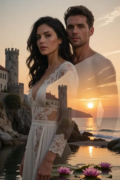 A high-quality artistic photograph created using the artistic double exposure technique. A romantic portrait of a beautiful woman and her lover. In the foreground stands a beautiful young woman with long, dark, wavy hair, lightly tanned skin, and expressive eyes, looking directly at the camera, slightly behind her stands a tall, athletic man with short, textured dark hair, light stubble, and his gaze fixed on the camera. The woman is wearing a white, lace-trimmed boho-wedding-style dress with a deep V-neckline, lace sleeves, and semi-transparent lace inserts at the waist. A double exposure is visible through the woman’s chest and arm—a stone medieval fort with a crenellated tower and a building with a red-tiled roof on a rocky headland, the same landscape continues through the man’s figure—a low orange-gold sun over the sea, glints on the water, and a distant dark hill, uniting the two into a single image.
To the side of the frame is the same fort on sheer cliffs with green bushes, the open sea with small waves, and a warm sunset sky with light, feathery clouds. In the very foreground, the calm waters of the lagoon feature large green water lily leaves and several blooming nymphaeas, the sun is reflected in the water. Soft, cinematic sunset light, high detail in the faces, fabrics, and stone, an atmosphere of timeless romance and tranquility, realism, cinematic lighting, double-exposure photography