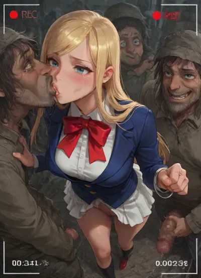 from above, Nsfw, gangbang, enf, perfect face, holding penis, (kissing:1.3), pussy, (fighting pose:1.3), masterpiece, (big eyes:1.3), (the girl is 18 Years old French girl dressed in no panties and white skirt and Navy blue blazer and white shirt and red bow tie and Black socks and red shoes and Silver ring bracelet), (nipple:1.2), medium breast, blue eyes, (blonde hair:1.3), (forehead:1.3), (swept bangs:1.4), long hair, (natural straight hair:1.3), blushing, (orgasm), (crying:1.4), French face, furrowed brow, (medium breast), walking, long shot, city street, (recording:1.2), (homeless man:1.6), (homeless oldmen crowd:1.4), (the girl is excessive kissing:1.5), grabbing penis, scared Up skirt, (the smiling homeless man is dressed suit:1.3), (homeless man is excessive forced kissing:1.3), (excessive deep throat:1.4)