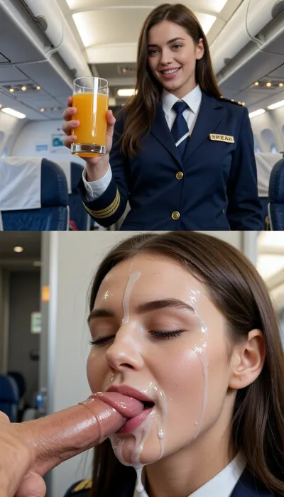 8k UHD, highly detailed, sharp focus, professional cinematography, photorealistic, RAW photo, masterpiece. A cinematic Photorealistic vertical split-screen with a clear hard dividing line, top half and bottom half completely independent. Nothing from one half ever appears in the other. The dividing line is never crossed.

TOP HALF ONLY, Exact same appearance and framing as the top reference, no changes. Young woman with long brown hair in a dark blue flight attendant uniform with “BREAK” badge stands in the airplane cabin holding a glass of orange juice. She takes a small step closer toward the camera at normal real-time speed, extends her arm offering the glass, looks directly at the camera with a playful flirty smile and says in a soft playful voice, “Here’s your juice, anything else?” She makes natural real-time movements — quick slight weight shifts, natural head tilts, small shoulder movements and normal breathing. No man’s hand appears. Absolutely no cock, no cum, no oral actions, no bottom-half elements of any kind. Only her voice and quiet airplane cabin ambience. Strict real-time normal speed, no slow motion.

BOTTOM HALF ONLY, Close-up of the exact same young woman, (identical face and hair as the top half), . From the very first frame her face is already covered with thick white cum that very slowly drips down her face the entire time. A man’s hand rhythmically strokes a thick hard erect cock the full length. She submissively holds the head of the cock with her lips. He continues stroking and cums into her mouth. Thick white cum fills her mouth and slightly leaks. She squeezes her eyes shut tighter. Completely silent — no voice, no dialogue. Only soft wet stroking and cum sounds. Absolutely no airplane, no glass, no uniform actions, no top-half elements of any kind. Strict real-time normal speed, no slow motion.

Top half = only the natural real-time approach, glass offering and spoken line with lively body movements. Bottom half = face already covered with thick cum that slowly drips down + continuous handjob + oral cumshot. Same girl on both halves. Both halves play simultaneously and stay strictly separated. Strict real-time normal speed on both halves, no slow motion anywhere.

Pure visual video, absolutely no subtitles, no text, no captions.