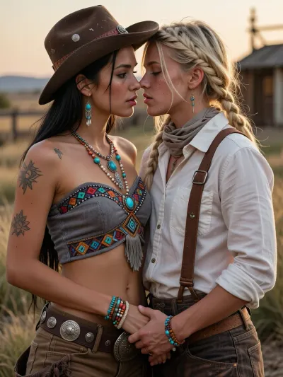 Masterpiece photorealistic cinematic romantic Western photograph, two young women, both 18 years old, share an intensely emotional moment of first love on the American frontier, standing extremely close, gently holding hands with intertwined fingers, completely absorbed in each other, their open eyes locked directly together, faces only centimeters apart, nervous anticipation, tenderness and unmistakable romantic electricity, one is a beautiful Native American young woman, 18 years old, athletic and graceful, warm dark skin, deep dark eyes, full lips, long straight black hair decorated with handcrafted turquoise, coral and pearl beads, subtle traditional inspired tattoos across her arms and shoulders, she wears a distinctive fitted cropped top made from soft weathered gray suede, richly decorated with colorful geometric embroidery, intricate beadwork, small leather fringes and handcrafted patterned appliqués, paired with fitted weathered suede trousers and a broad aged leather belt decorated with engraved silver coin ornaments and tarnished metal applications, turquoise and silver necklace, handcrafted earrings and layered beaded bracelets, everything individually made, worn and imperfect, the blonde frontier cowgirl, athletic, fair skin covered with delicate freckles, vivid blue eyes, long eyelashes, exceptionally thick blonde hair woven into slightly messy braids, wears a battered brown cowboy hat with scratched leather, aged hatband and small metal ornaments, faded neckerchief, sturdy off white cotton shirt with authentic horn buttons, several upper buttons casually open, worn leather suspenders, practical period trousers and dusty cowboy boots, her shirt has softened fabric, repaired seams, faded edges and subtle dirt from everyday frontier life, their working hands show roughened skin, imperfect nails and traces of dust, the blonde gently draws her closer by their joined hands, their bodies naturally leaning toward one another, lips almost meeting in a hesitant first kiss, warm late afternoon sunlight sits extremely low on the horizon, intense deep orange golden light floods across their faces from the side, brilliant amber rim light outlining both hairstyles and illuminating individual loose strands, translucent golden highlights through the blonde braids, warm reflections sparkling from turquoise beads and tarnished silver, long soft shadows across prairie grass, suspended dust glowing in the backlight, distant horse and weathered timber structures dissolving into creamy bokeh, intimate 85 mm perspective, shallow depth of field, razor sharp eyes, skin pores, freckles, textile fibers, suede grain and beadwork, rich warm contrast, subtle analog grain, authentic lived in used look, profound tenderness, vulnerability and overwhelming first love.
