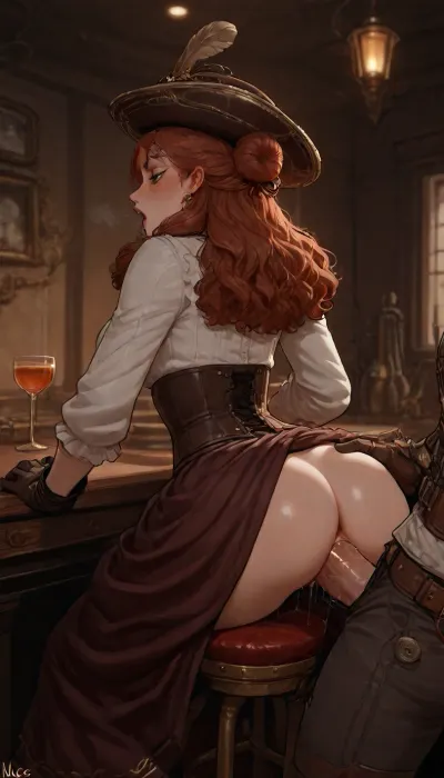(((incase style, art of incase))), ((scene a high class steampunk bar.)), ((a high society lady is sitting on a barstool and getting her ass fucked by a Gentleman)), (she has her brown curly hair in an updo. She wears a long, expensive, voluminous victorian dress and corset, gold and ruby jewelry, gloves and a ladies hat. She is holding a glass of liquour and moaning), (he is wearing a steampunk suit and a tophat is and standing behind her), (his cock is deep in her asshole), (realistic, directional lighting. High detail), green, eyes, blue, brown, perfecteyes, steampunk, <lora:sd_xl_dpo_lora_v1:1>, <lora:PerfectEyesXL:1.3>, <lora:detailed_notrigger:2>, <lora:hinaTuningFaceDetailer_SDXL-v2-rank256-pruned:1.2>, <lora:SteampunkXL_V1:.8>