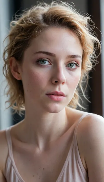 (portrait in pastel grease pen, style of Agnes Cecile:1.5), Perched on her bed in a sunlit artist's loft with large, industrial windows, the subject is an enthusiastic college student in her mid-20s Her skin, a rich sun-kissed bronze, glows softly under the natural light, revealing subtle freckles across her nose and cheeks. Skinny face. Her triangular features are accentuated by her messy pixie cut golden blonde hair with subtle dark roots, streaked with hints of deep reds and blacks, framing her face with a wild enthusiasm, catching the sunlight in a luminous halo. She wears a silk chemise in deep crimson, draped effortlessly to accentuate her slender neckline. Soft, diffused light filters through the loft's windows, casting gentle shadows that highlight the fine textures of her skin and the intricate details of her hair. the fine lines of her negligee's silk fabric, the natural contours of her face, and the nuanced play of light and shadow on her skin. a beautiful bokeh that softly blurs the background, drawing attention to her expressive pale green eyes sparkling with her mischievous nature, her defined cheekbones flushed with anticipation, detailxl, <lora:add-detail-xl:1.4>, <lora:potrait-woman-v2:1.2>