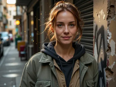 Ultra-realistic cinematic street portrait, exact recreation of the reference composition, an adult woman, 25 years old, positioned slightly right of center in the immediate foreground, framed from approximately mid-torso upward, body angled subtly toward the viewer while her face turns directly toward the lens, relaxed shoulders, calm confident posture, gentle closed-mouth smile, soft warm expression, direct eye contact, delicate natural facial structure, softly defined cheekbones, straight narrow nose, natural lips, deep green eyes, realistic asymmetry and subtle skin imperfections, medium olive-beige complexion with visible pores, fine facial texture and faint natural under-eye detail, long redhead hair loosely tied into a messy low bun, several fine strands falling naturally around her forehead, temples and cheeks, slightly windswept texture, layered worn street clothing, faded olive-gray oversized jacket with visible stitching, seams, creases and subtle stains, dark charcoal hooded sweatshirt beneath it, muted taupe shirt underneath, realistic layered collars and fabric thickness, narrow urban alleyway receding behind her toward the left, weathered wall immediately beside her on the right with peeling paint, rough plaster, graffiti traces and dark irregular patches, closed dark metal roller shutter behind her shoulder, heavily blurred background with indistinct parked vehicles, street furniture and storefront elements, warm golden-hour sunlight entering from behind and above, strong amber rim light tracing her hair and right shoulder, soft natural frontal fill on her face, glowing backlit stray hairs, tiny illuminated dust particles suspended in the air, shallow depth of field, creamy circular bokeh, 50 mm full-frame photographic look, approximately f/1.8, eye-level viewpoint, extremely sharp focus on eyes and facial skin, background strongly defocused, warm cinematic color grading, muted olive, brown and charcoal palette, soft highlight roll-off, realistic dynamic range, subtle film grain, restrained microcontrast, natural optical imperfections, documentary authenticity, photorealistic skin, fabric and masonry textures, natural facial proportions, highly detailed professional editorial photography