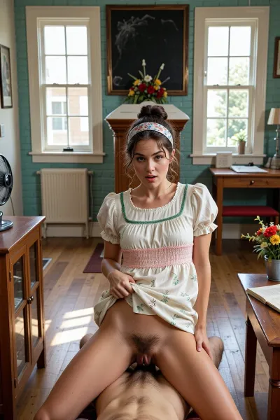 A realistic photograph shows a woman with curly brown hair tied up in a bun and wearing a patterned headband straddling a man in a sparsely furnished room. She is dressed in a pale cream-colored cotton babydoll dress that features short puffed sleeves, a ruffled neckline with green trim, and a thick horizontal band of pink smocking across the ribs. The dress has a light green botanical print and is hiked up above her waist. The woman has a fair complexion, thin eyebrows, and an expressive face showing pleasure, with her mouth slightly open. Below her, the man's chest and hairy thighs are visible, with his anatomy positioned directly beneath her pubic area. Her hairy vulva is displayed.

The background consists Interior of a quaint, rustic room with teal-painted brick walls and wooden pews. Sunlight streams through two large, white-framed windows on either side, casting bright, rectangular patterns on the polished wooden floor. In the center, a simple wooden pulpit with a white top is adorned with a vibrant bouquet of red and yellow flowers. Above the pulpit, a dark chalkboard is mounted on the wall. To the left, a wooden cabinet with glass doors and a small fan on top, and to the right, a wooden desk with an open book and a small pot of yellow flowers. A radiator is visible under the left window, and a red bench is partially visible on the right.

The scene is bathed in natural, warm sunlight, creating strong highlights and shadows that emphasize the textures of the wood and brick. The overall mood is peaceful and serene, with a touch of vintage charm.

Medium shot, eye-level perspective, capturing the depth of the room with a slight focus on the central elements. Photorealistic, high detail, sharp focus, vibrant colors, cinematic quality.