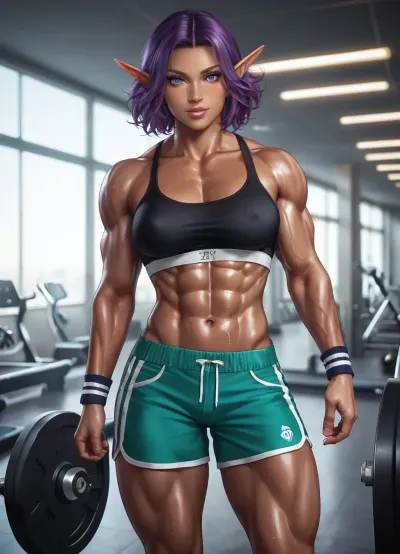 (2persons), A tall 21-year-old adult man with blond hair, dark blue eyes, a chiseled muscular build, and a symmetrical eight-pack, wearing green athletic shorts from Picture 1. He stands in a gym, his skin glistening with sweat after a workout. A 28-year-old tall, hyper muscular female, and powerful back elf-female elven person with dark brown skin, she wears a tanktop on her very full breasts, bright purple eyes, and long dark purple hair, dressed in a sleek black fitted athletic tank top and dark leggings, stands directly in front of him, as observed from Picture 2.

The young man stands firm while the taller person's hand rests with deliberate, slow movement against the center of his chest, tracing downward from his collarbone. The young man's head is tilted slightly upward to meet the other's gaze, his expression a mix of bravado and intense focus, his neck and shoulders tense with anticipation. The taller female elven person looms over him her hard vein covered biceps are gigantic, lips curled into a predatory but friendly smirk, their physique emphasizing a significant height difference. Their bodies are close, creating a palpable sense of tension and physical contrast between the two.

Industrial gym equipment, heavy iron weight racks, and polished rubber gym flooring surround them. A large window behind the equipment allows natural light to pour into the space, highlighting the texture of their skin and the definition of their muscles. Indirect, cinematic lighting fills the room, casting soft shadows that accentuate the contours of their physiques. Photorealistic drawing style, 32K resolution, intricate details, supreme render, octane-engine, ambient occlusion, detailed skin, perfect contrast, complex render.