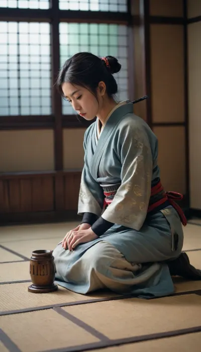 Traditional Japanese samurai, a female slave kneels before the samurai in the doggy position