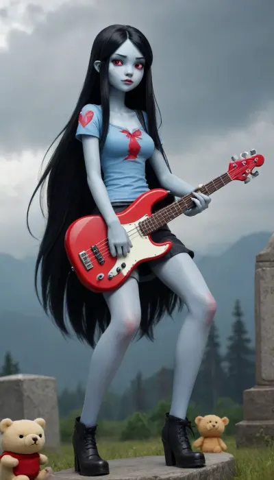 Vampire fantastic chubby drees upskirt queen, adventure time, 20 years oldy, "realistic illustration of Marceline Abadeer, anime style, ((pale SKY blue/grey skin)), long black hair, red eyes, flying with her bass-axe. Atmospheric lighting, vibrant colors, detailed, original art, by Gaziter."
"Vampire Marceline from Adventure Time, cartoon simple line art style, playing her bass-axe, vamp fly, simple background."
"Marceline from Adventure Time sitting on a grave with her teddy bear Hambo uwuu, 2D animation style, sad, nostalgic scene, muted colors, high quality." Breats Bimbo, comic scene vs manga style dialogues, hot horny, massive boobs