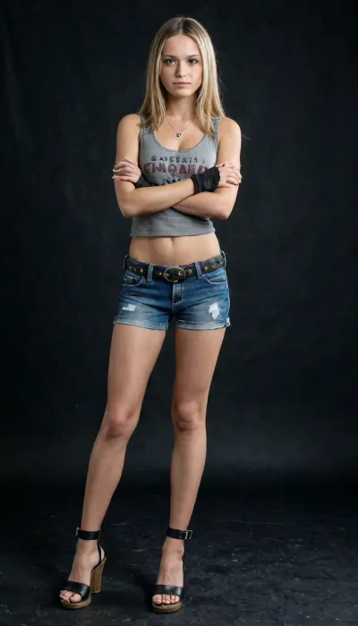 1girl, solo, Kaguya Kawasumi, sandy blonde hair, long hair, brown eyes, large, grey tank top, black, denim shorts, fingerless gloves, thigh strap, clothes writing, necklace, belt, sandals, crossed arms, full body, black background、shiny, photorealistic, realistic, ultra realistic, raw photo, analog photo, film photography